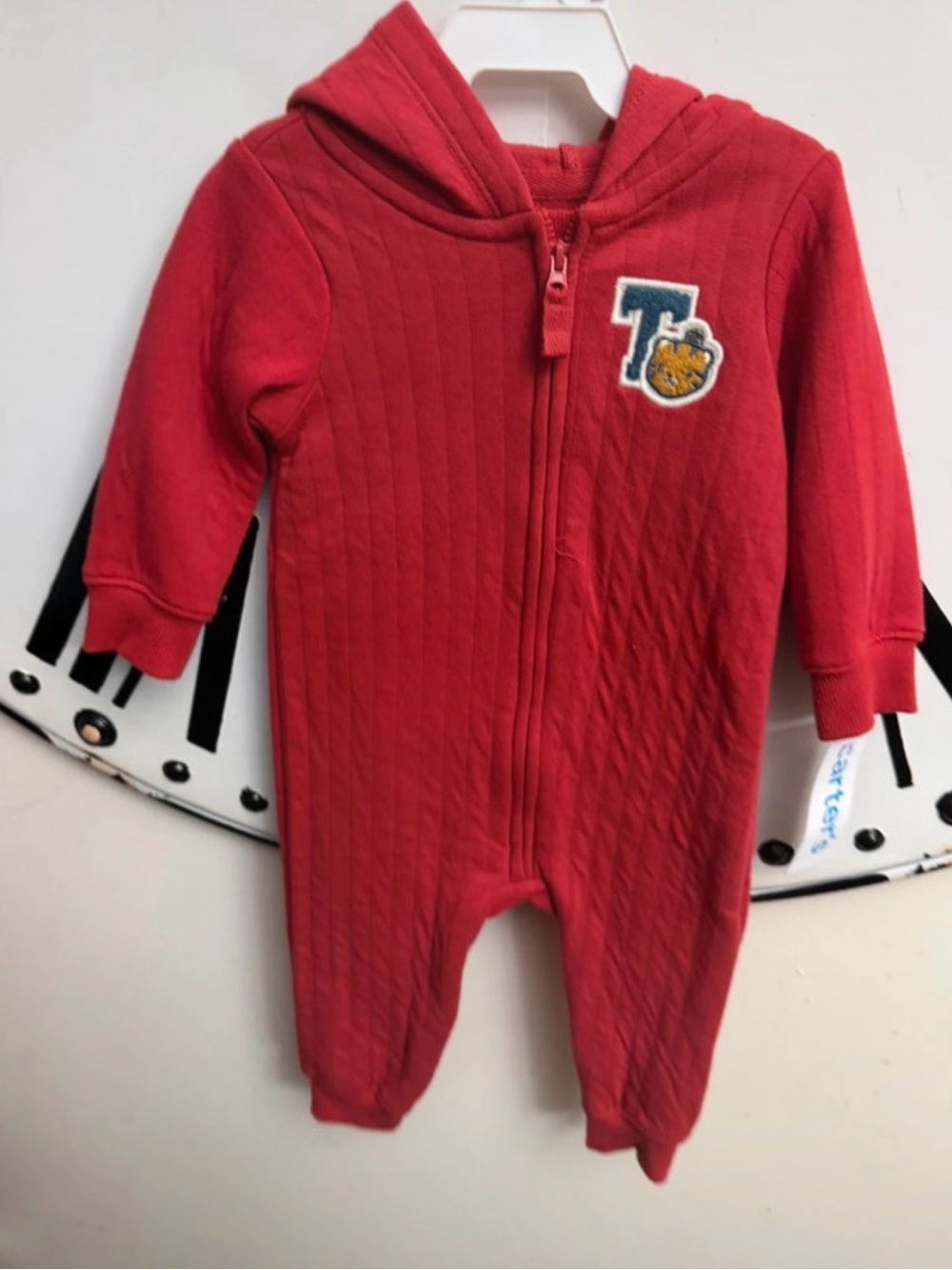 Carter's Red Hooded Zipper Footed One-Piece with Chest Patch